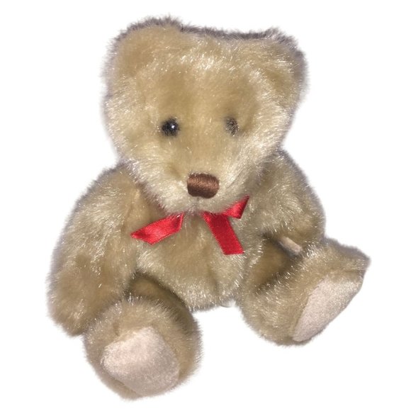 Vintage Tan Jointed Teddy Bear with Deep Red Ribbon. 7" Tall ( when sitting) - W - Picture 2 of 6
